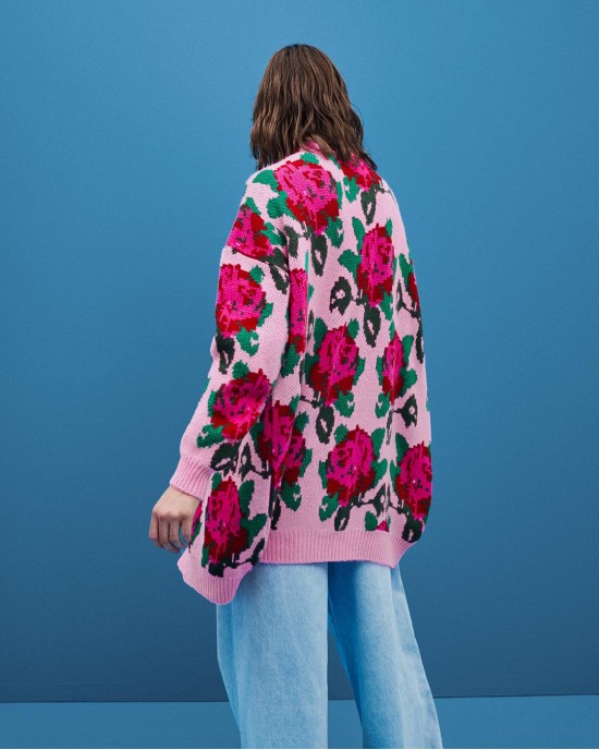 Tailor Made Oversized Flowers Knit Pink Ζακέτα