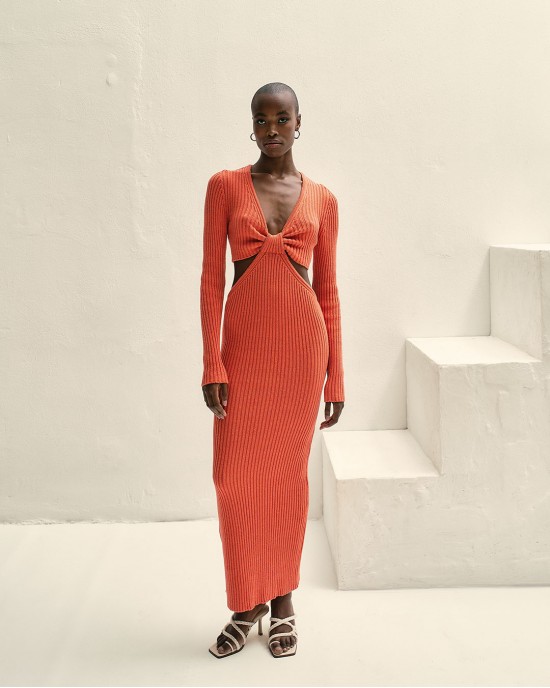 Tailor Made Knitwear Resort Rib Χιαστί Δέσιμο Orange Φόρεμα