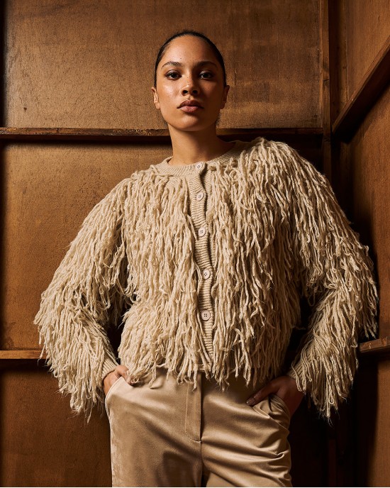 Tailor Made Short Fringed Knit Beige Ζακέτα
