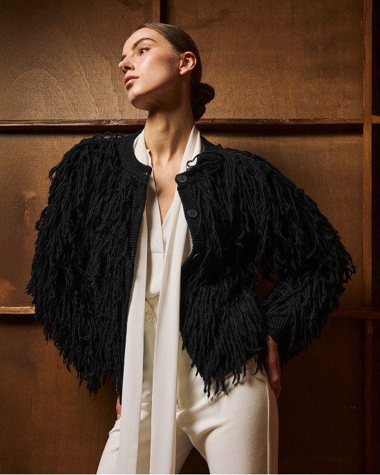 Tailor Made Short Fringed Knit Black Ζακέτα