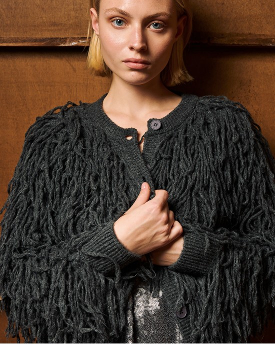 Tailor Made Short Fringed Knit Grey Ζακέτα