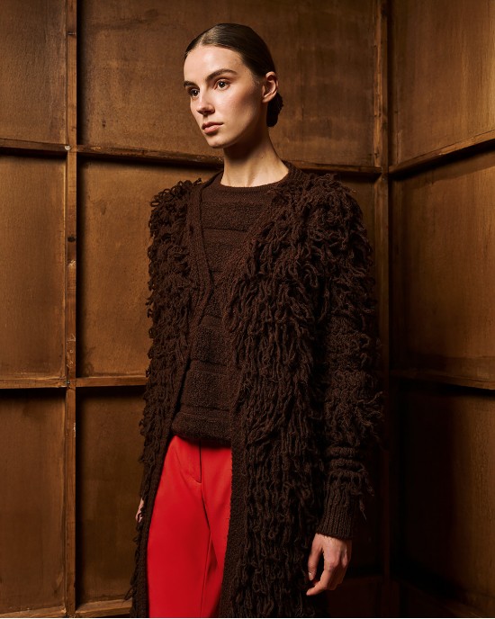 Tailor Made Long Fringed Knit Coffee Ζακέτα