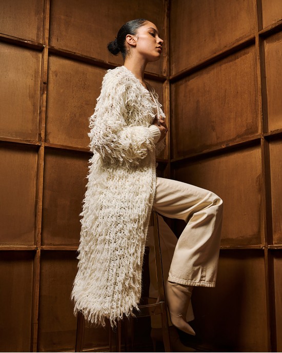 Tailor Made Long Fringed Knit Off White Ζακέτα