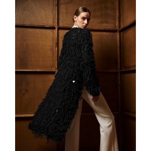 Tailor Made Long Fringed Knit Black Ζακέτα