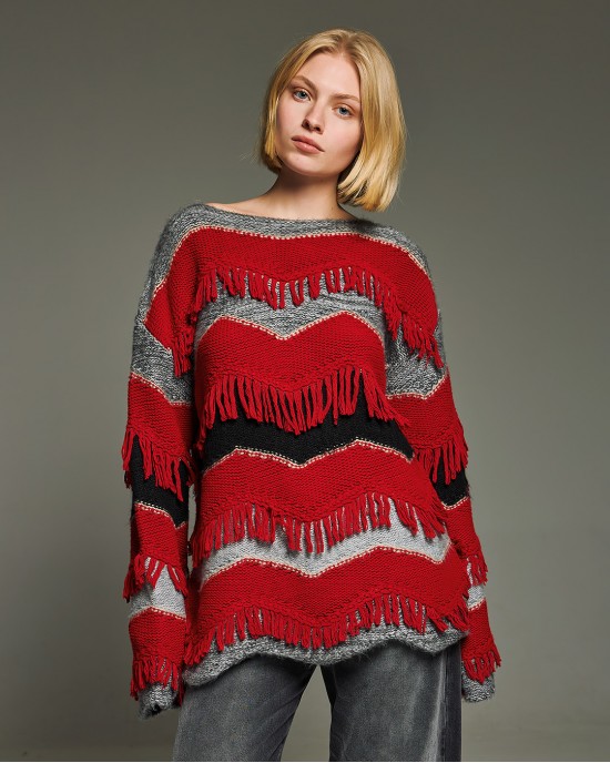 Tailor Made Fringed Knit With Stripes Red Πουλόβερ Tailor Made Fringed Knit With Stripes Red Πουλόβερ
