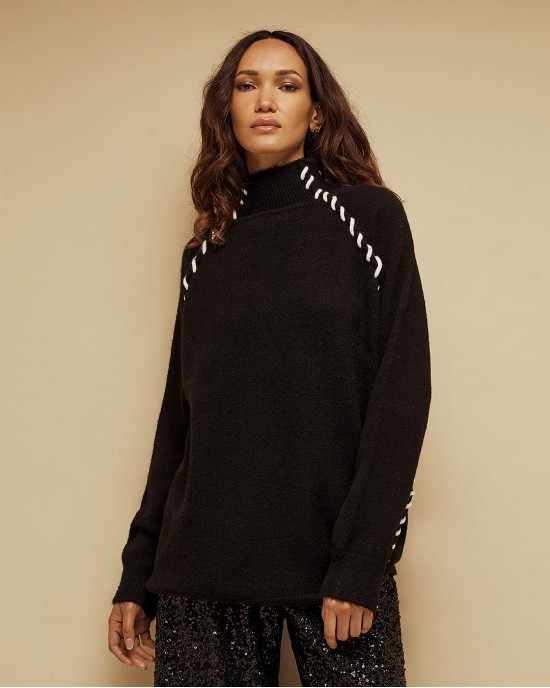 Tailor Made Knit With Extra Thread On Seams Black Πουλόβερ