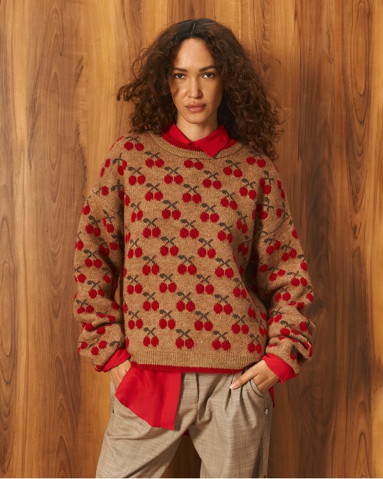 Tailor Made Knit With Cherries Camel Πουλόβερ
