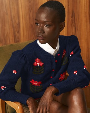 Tailor Made Embroidered Flowers Knit Navy Blue Ζακέτα