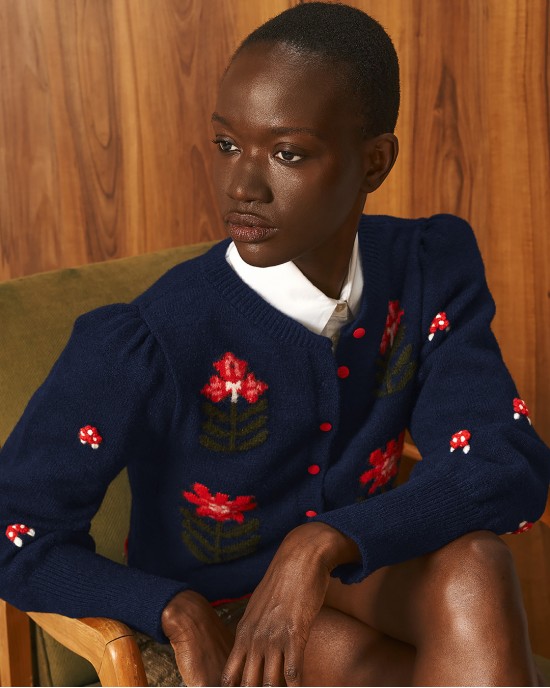 Tailor Made Embroidered Flowers Knit Navy Blue Ζακέτα