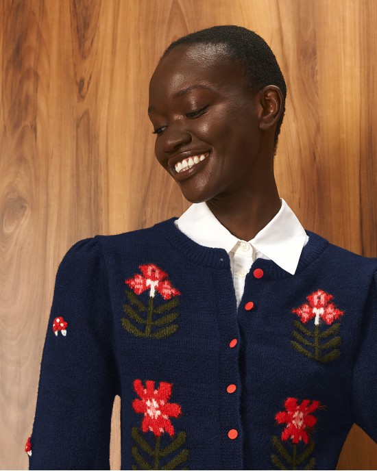 Tailor Made Embroidered Flowers Knit Navy Blue Ζακέτα