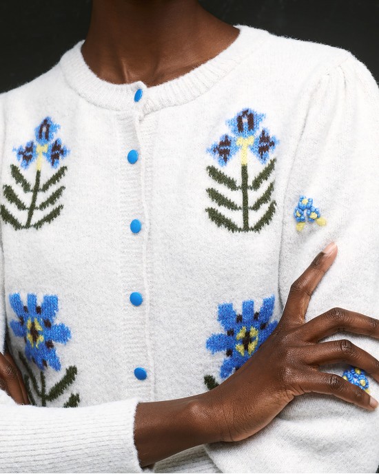 Tailor Made Embroidered Flowers Knit Off White Ζακέτα