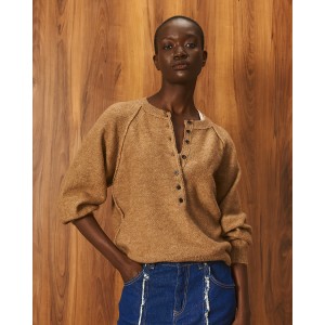 Tailor Made Knit Reglan With Long Pat Camel Πουλόβερ