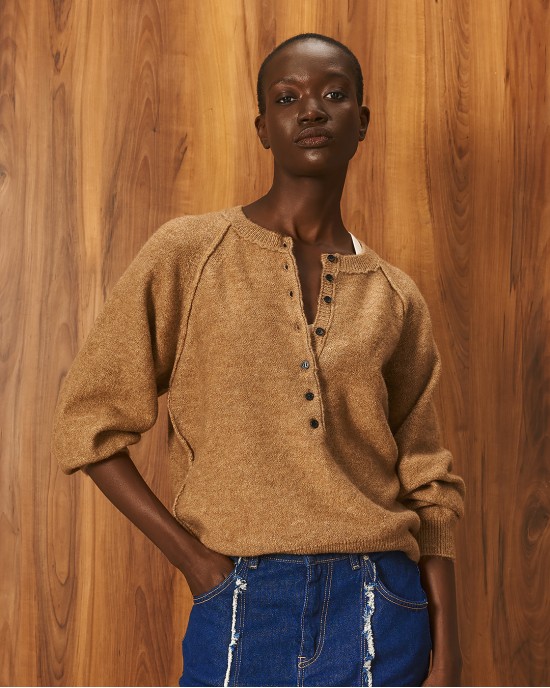Tailor Made Knit Reglan With Long Pat Camel Πουλόβερ