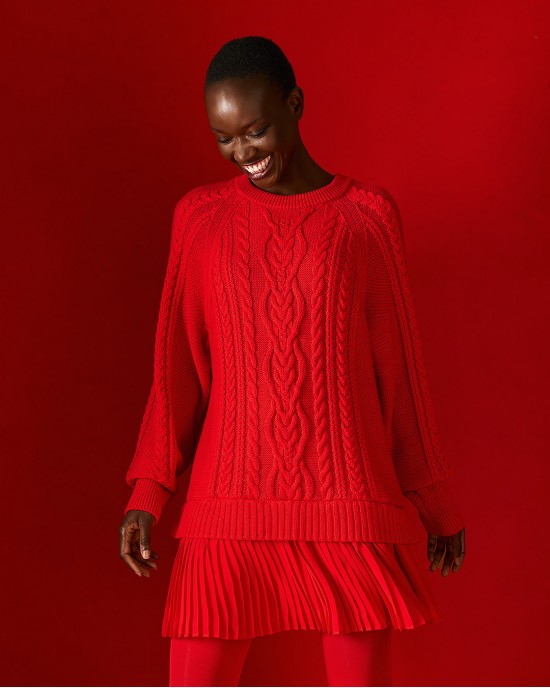 Tailor Made Oversized Cable-Knit With Pleated Fabric Detailing At The Bottom Red Φόρεμα