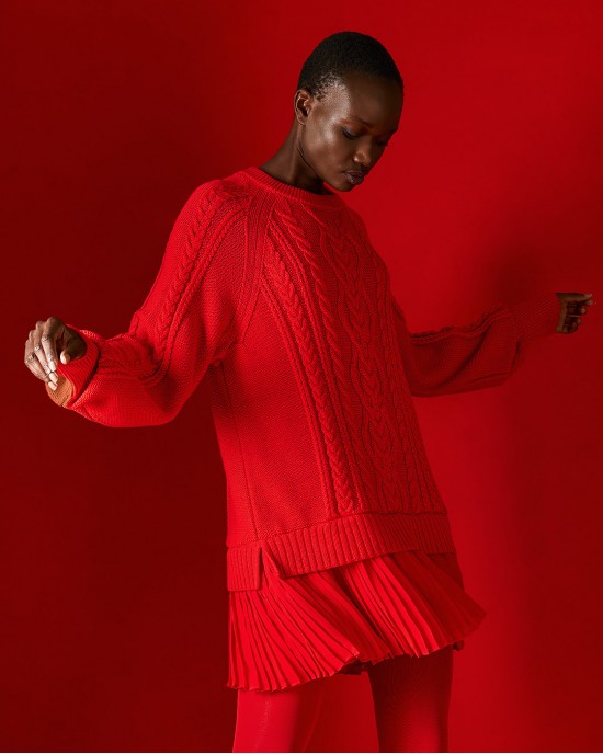 Tailor Made Oversized Cable-Knit With Pleated Fabric Detailing At The Bottom Red Φόρεμα