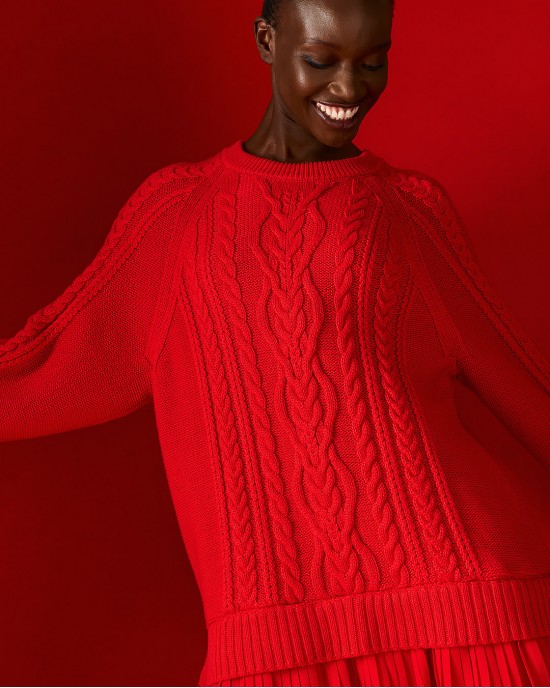Tailor Made Oversized Cable-Knit With Pleated Fabric Detailing At The Bottom Red Φόρεμα