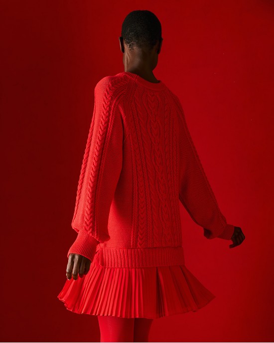 Tailor Made Oversized Cable-Knit With Pleated Fabric Detailing At The Bottom Red Φόρεμα