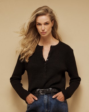 Tailor Made Ribbed Knit With Long Pat Black Πουλόβερ