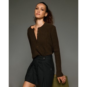Tailor Made Ribbed Knit With Long Pat Coffee Πουλόβερ