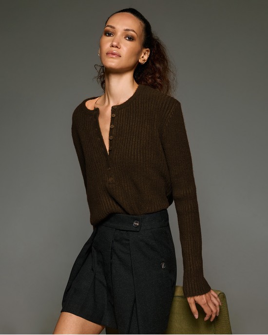 Tailor Made Ribbed Knit With Long Pat Coffee Πουλόβερ