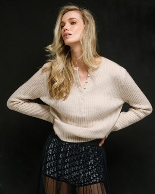 Tailor Made Ribbed Knit With Long Pat Off White Πουλόβερ