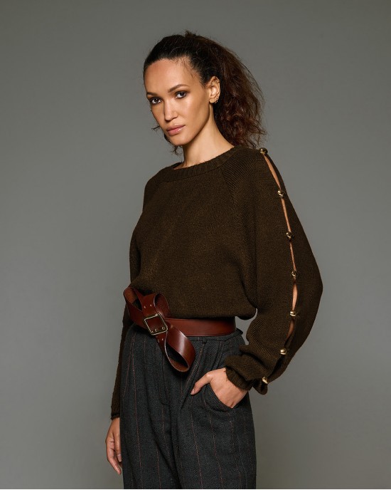 Tailor Made Knit Regal With Gold Buttons On Sleeves Coffee Πουλόβερ