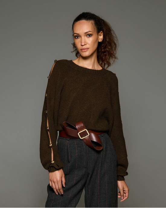 Tailor Made Knit Regal With Gold Buttons On Sleeves Coffee Πουλόβερ