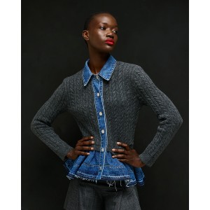 Tailor Made Cable-Knit With Denim Details On the Collar & Bottom Anthracite Ζακέτα