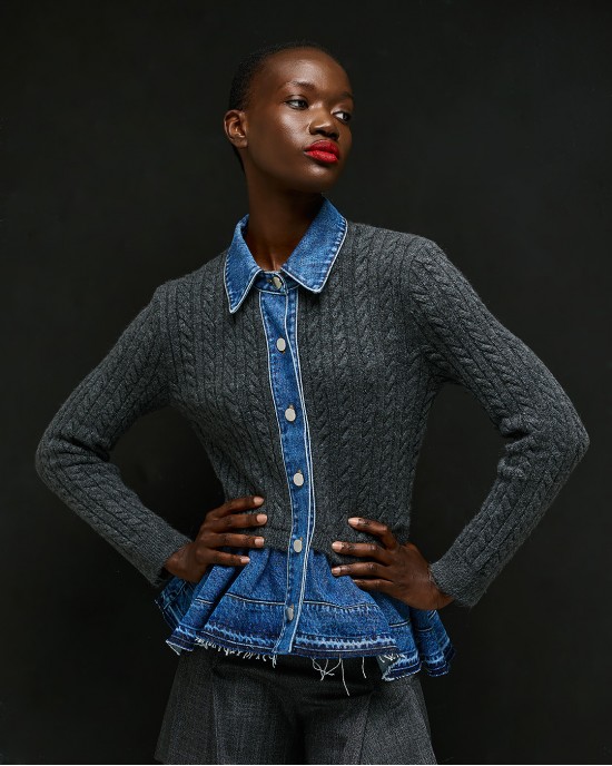 Tailor Made Cable-Knit With Denim Details On the Collar & Bottom Anthracite Ζακέτα
