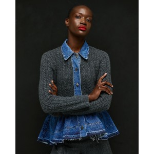 Tailor Made Cable-Knit With Denim Details On the Collar & Bottom Anthracite Ζακέτα