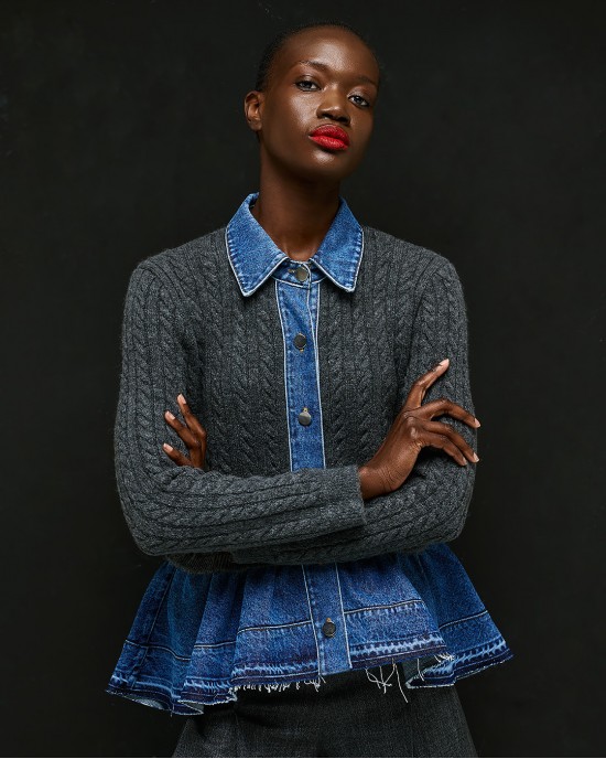 Tailor Made Cable-Knit With Denim Details On the Collar & Bottom Anthracite Ζακέτα