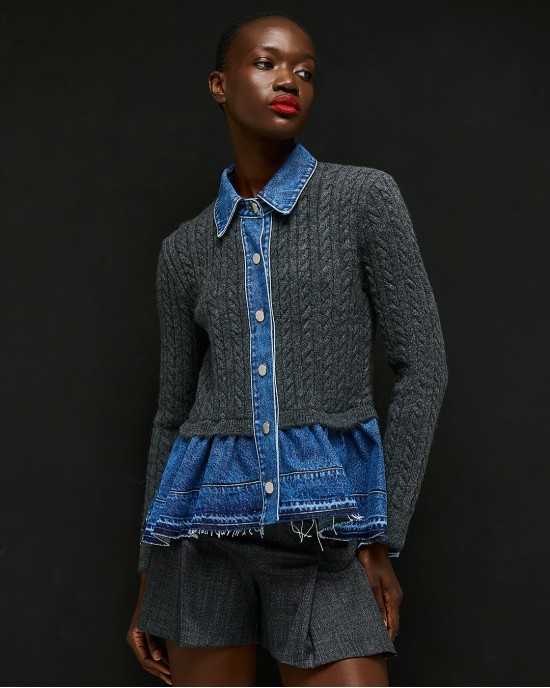 Tailor Made Cable-Knit With Denim Details On the Collar & Bottom Anthracite Ζακέτα