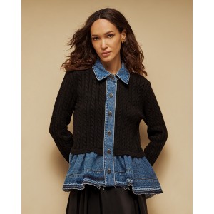 Tailor Made Cable-Knit With Denim Details On the Collar & Bottom Black Ζακέτα