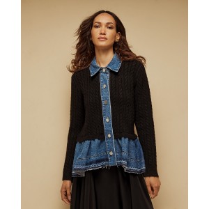 Tailor Made Cable-Knit With Denim Details On the Collar & Bottom Black Ζακέτα