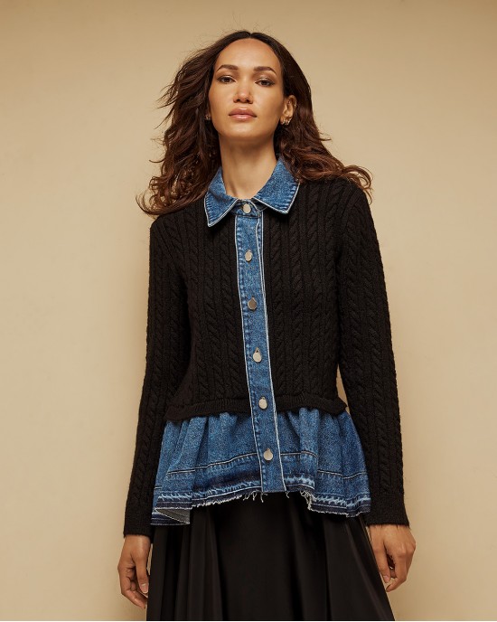 Tailor Made Cable-Knit With Denim Details On the Collar & Bottom Black Ζακέτα