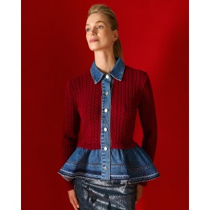 Tailor Made Cable-Knit With Denim Details On the Collar & Bottom Bordeaux Ζακέτα