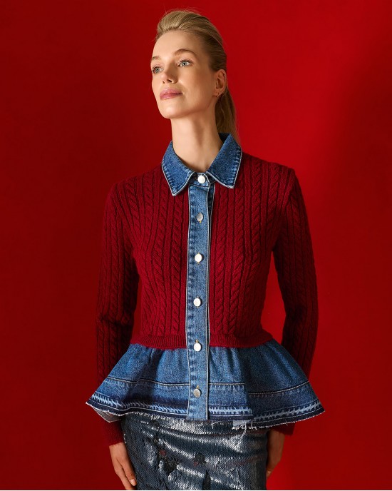 Tailor Made Cable-Knit With Denim Details On the Collar & Bottom Bordeaux Ζακέτα