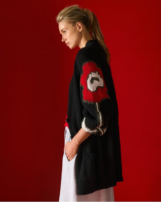 Tailor Made Oversized Raglan-Knit With Flowers On Sleeves Black Ζακέτα