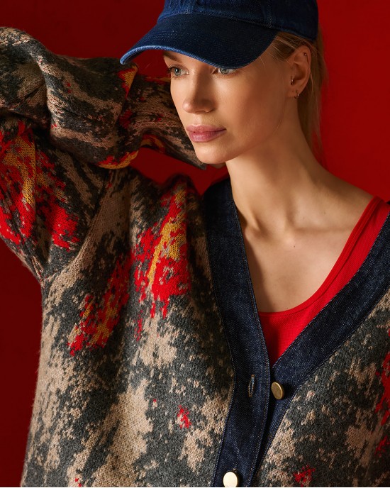 Tailor Made Jacquard Knit With Denim Collar Anthracite Ζακέτα