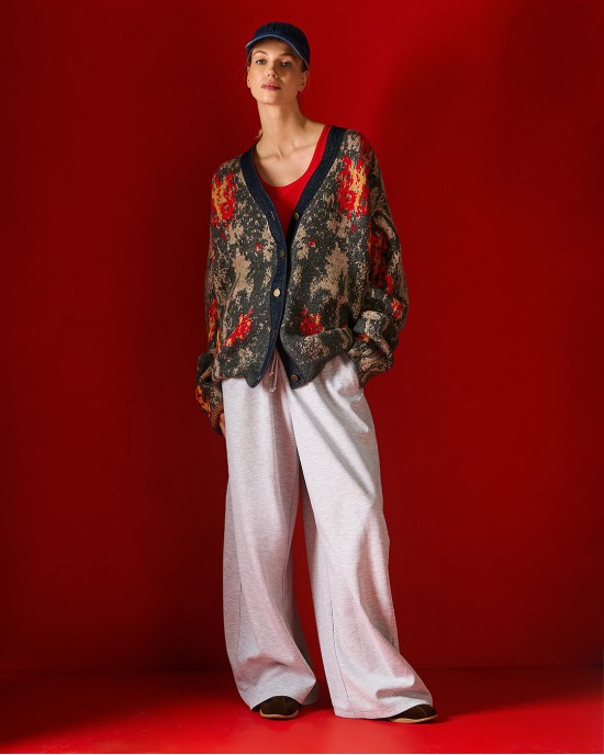 Tailor Made Jacquard Knit With Denim Collar Anthracite Ζακέτα