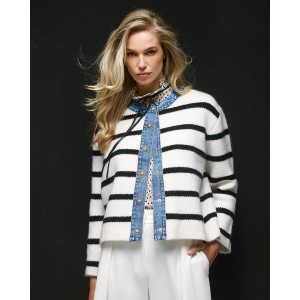Tailor Made Striped Knit With Denim Details Off White Ζακέτα