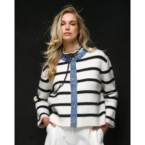 Tailor Made Striped Knit With Denim Details Off White Ζακέτα