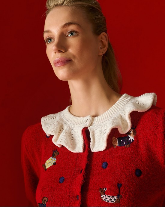 Tailor Made Dogs Embroidered & White Collar Red Knit Ζακέτα