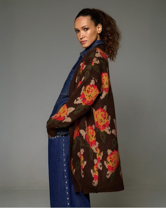 Tailor Made Oversized Knit Floral Coffee Ζακέτα