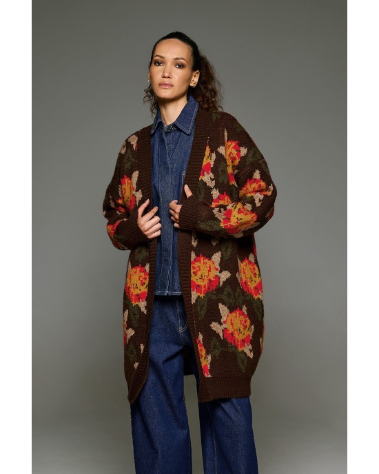 Tailor Made Oversized Knit Floral Coffee Ζακέτα