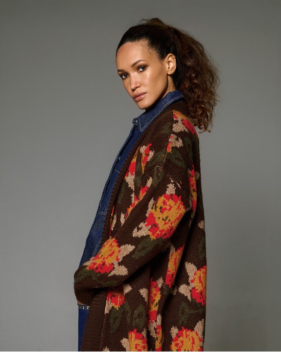 Tailor Made Oversized Knit Floral Coffee Ζακέτα