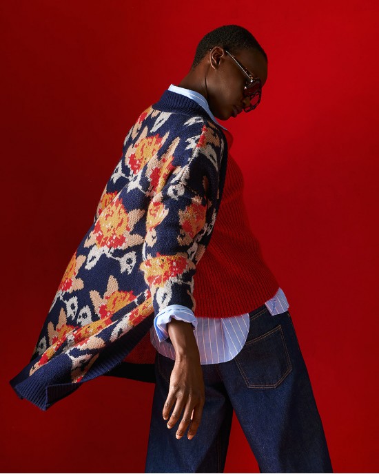 Tailor Made Oversized Knit Floral Navy Blue Ζακέτα