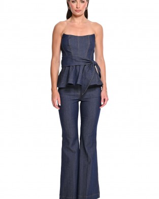 We Coss Denim Set Strapless Top & Flared Παντελόνι