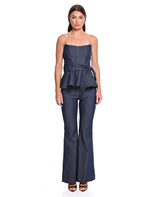 We Coss Denim Set Strapless Top & Flared Παντελόνι