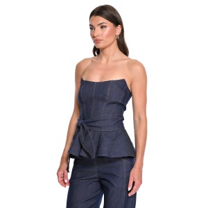 We Coss Denim Set Strapless Top & Flared Παντελόνι
